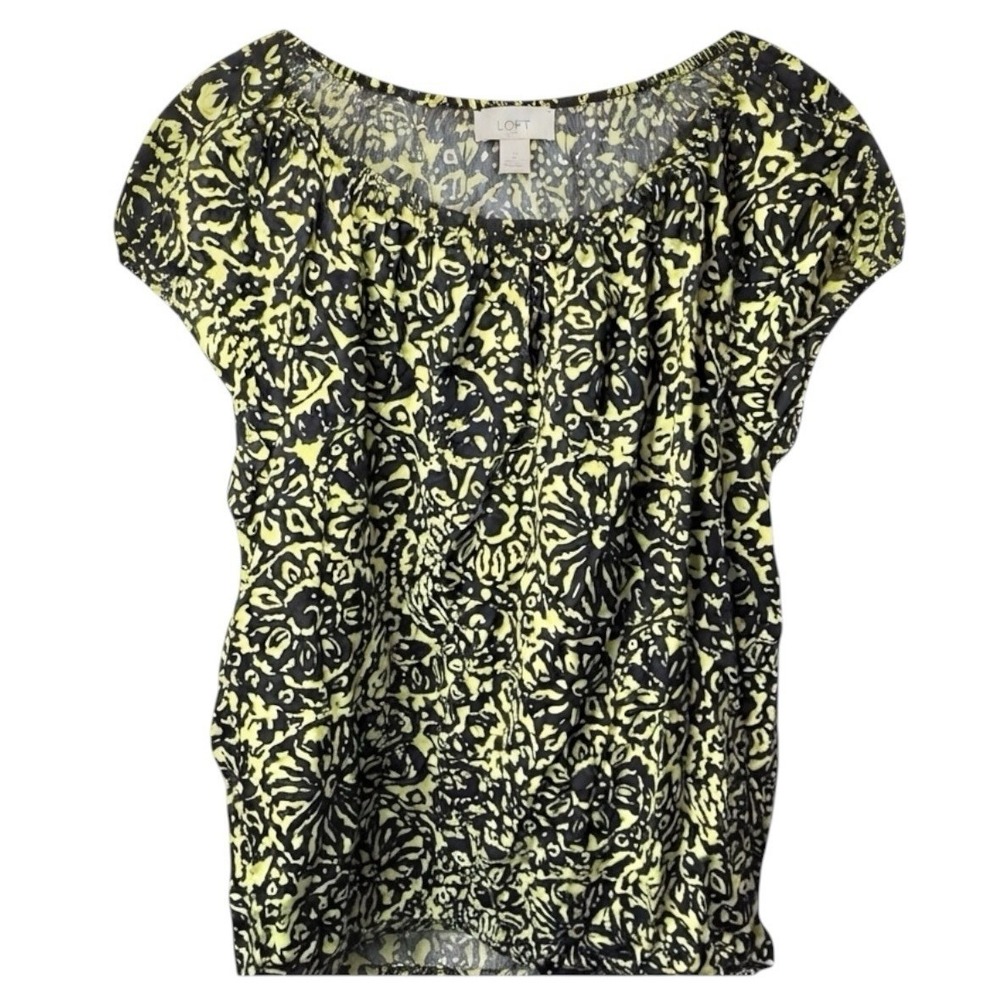 LOFT Women's Large Black‎ Green Abstract Scoop Neck Short Sleeve Blouse Cotton